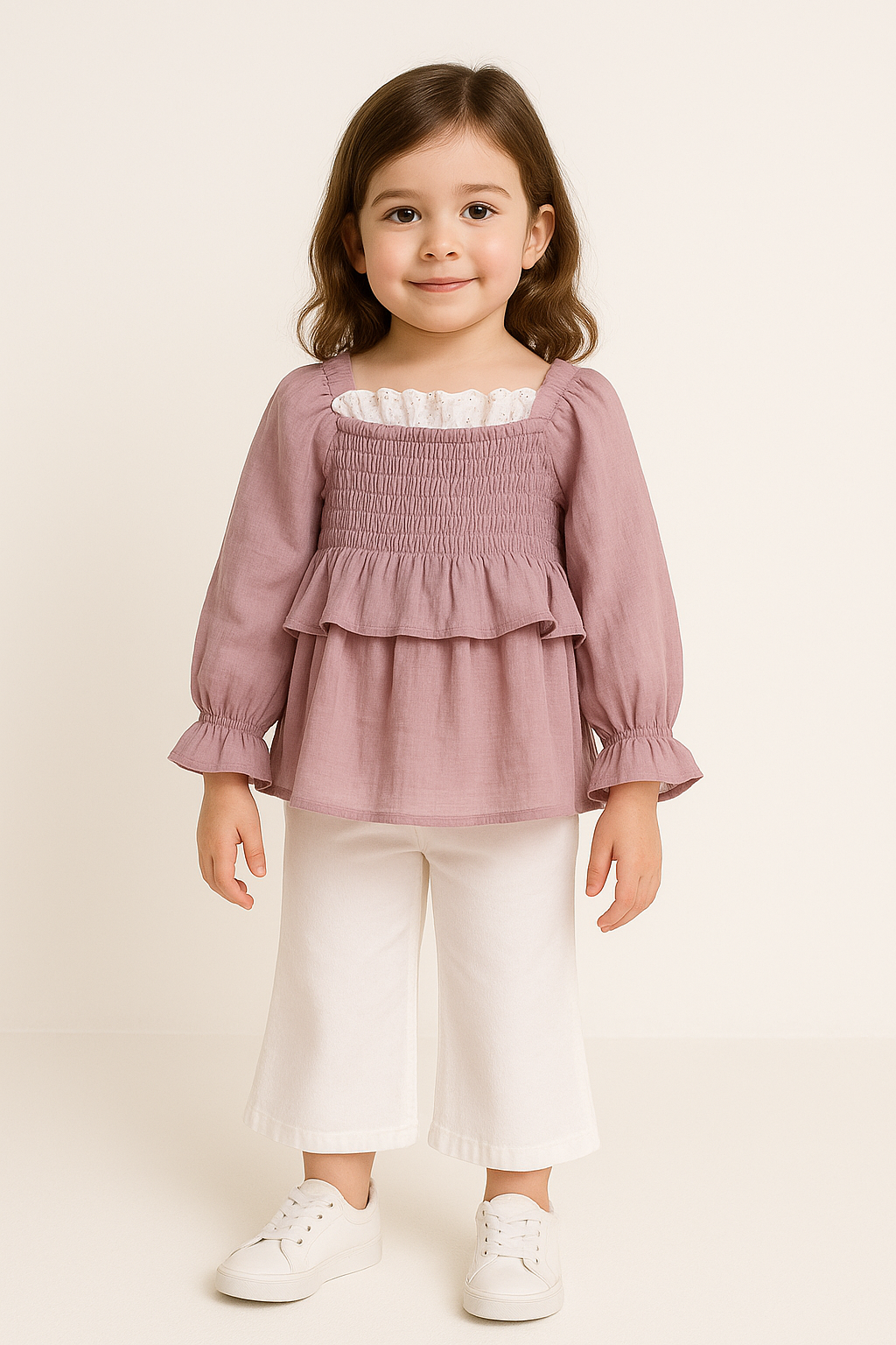  Elegant Pink Tissue Silk Smocked Top For Girls