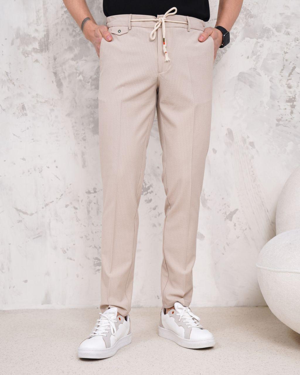 Beige Textured Slim-fit Drawstring Trouser