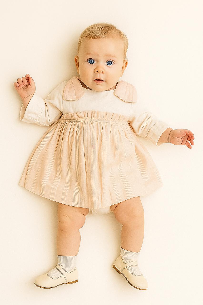 Baby Girl Pastel Peach Pleated Frock With Peter Pan Collar