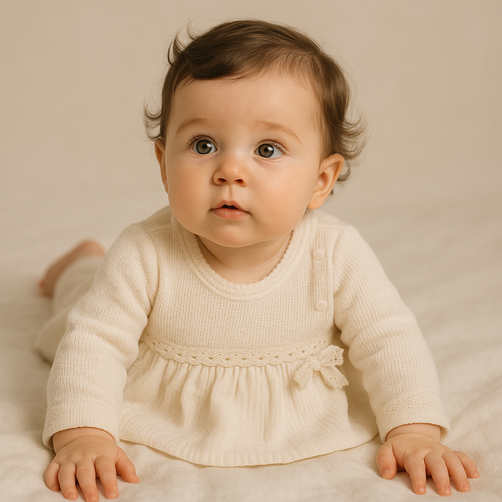 Baby Girl 5-piece Knitted Frock Set With Pajama, Bib, Cap & Mittens