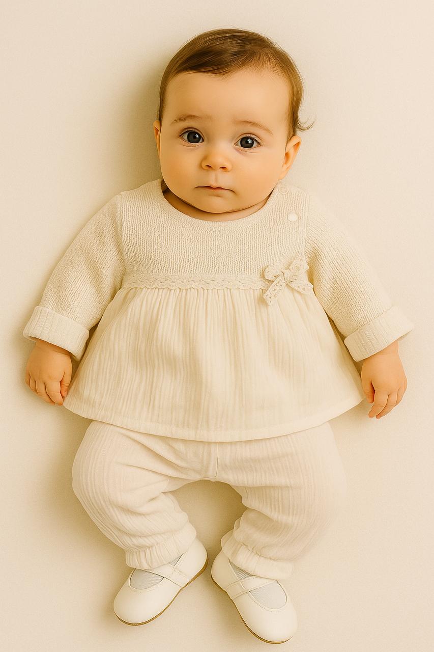 Baby Girl 5-piece Knitted Frock Set With Pajama, Bib, Cap & Mittens