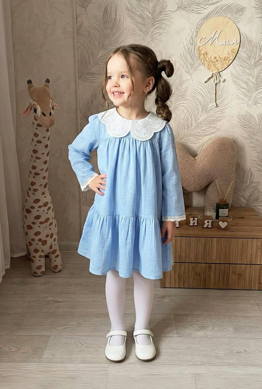 Sky Blue Lace Collar Girls Dress