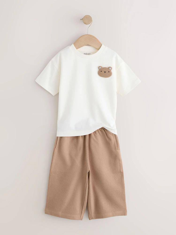 Boys Cute Bear Patch T-shirt & Beige Shorts Set