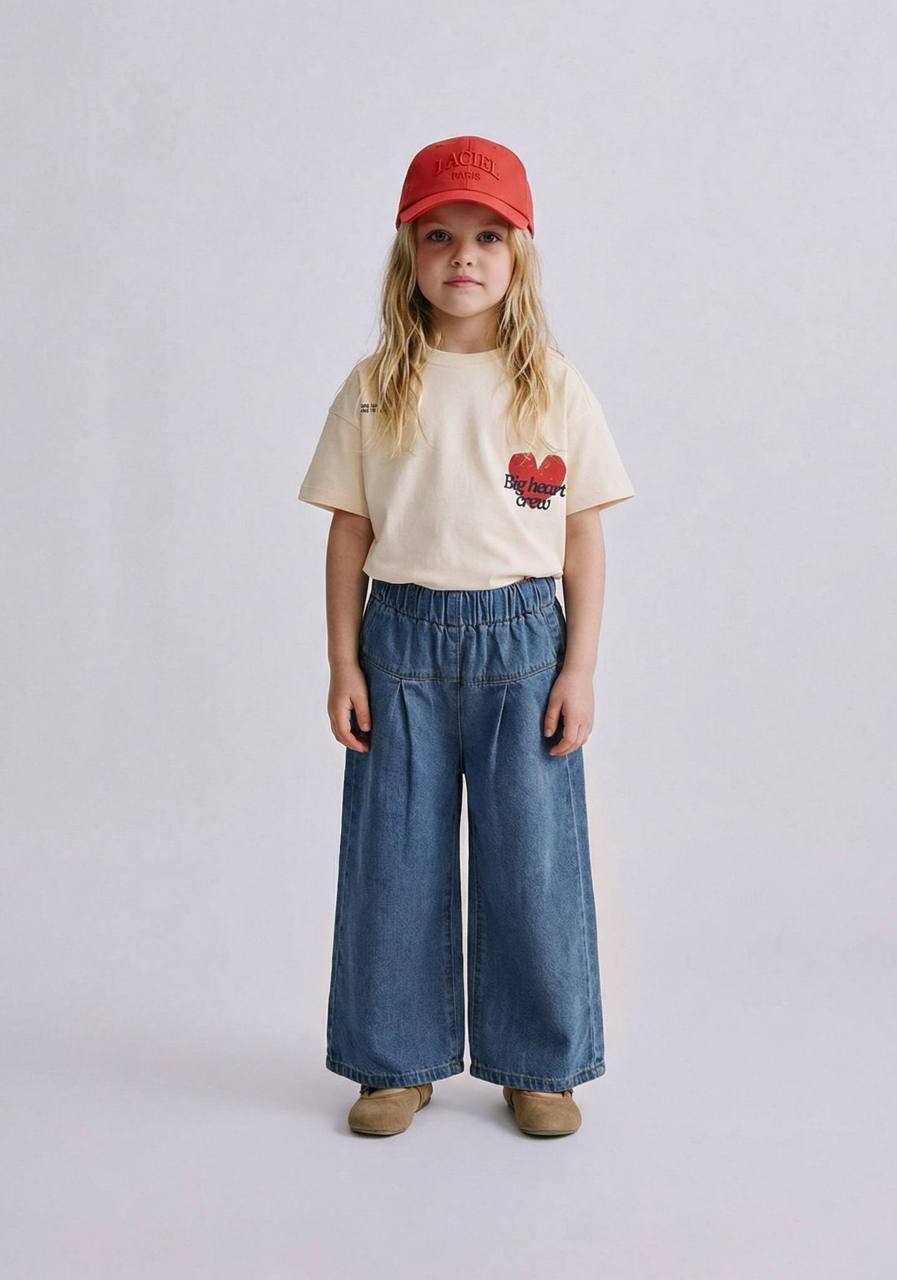Girls Big Heart Crew 2-piece Casual Set – Graphic T-shirt & Wide-leg Denim Pants
