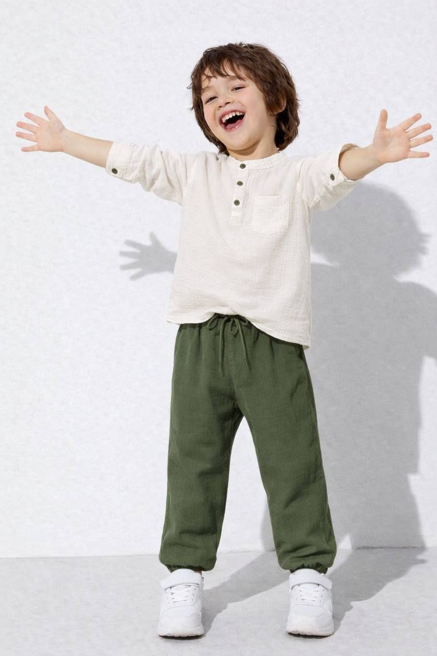 Little Explorer Beige Top With Olive Jogger Pants