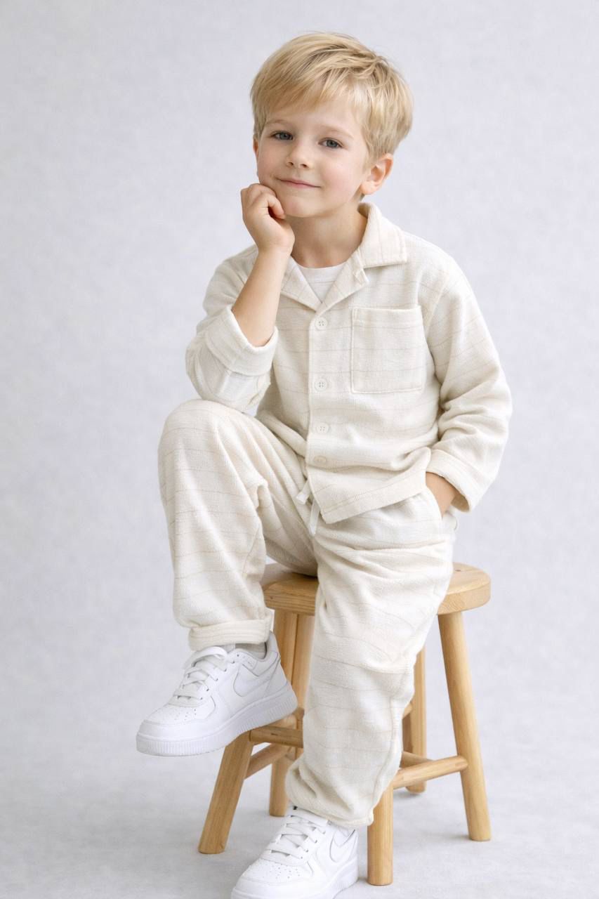 Soft Cream Textured Lounge Co-ord Set For Boys