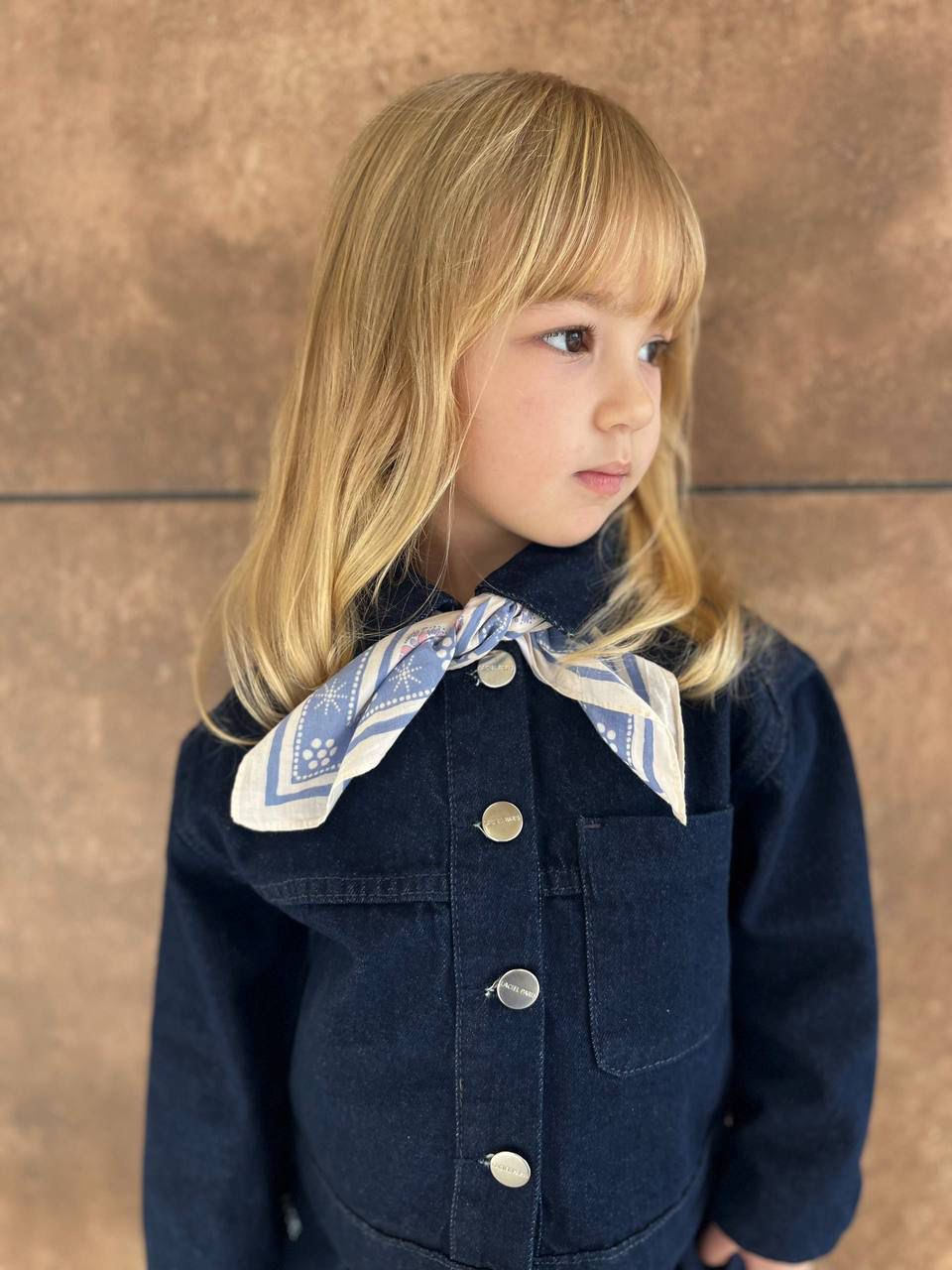 Classic Denim Dress Set With Button-front Jacket & Bow Scarf