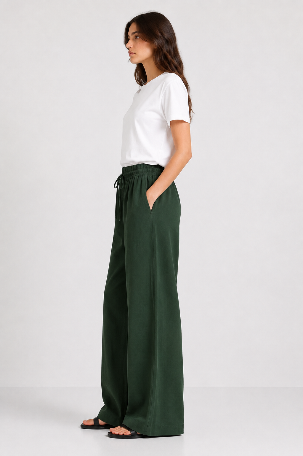 Forest Green Cotton-linen Wide-leg Trouser