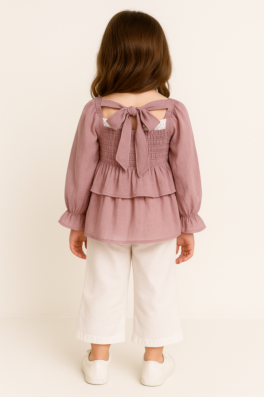  Elegant Pink Tissue Silk Smocked Top for Girls