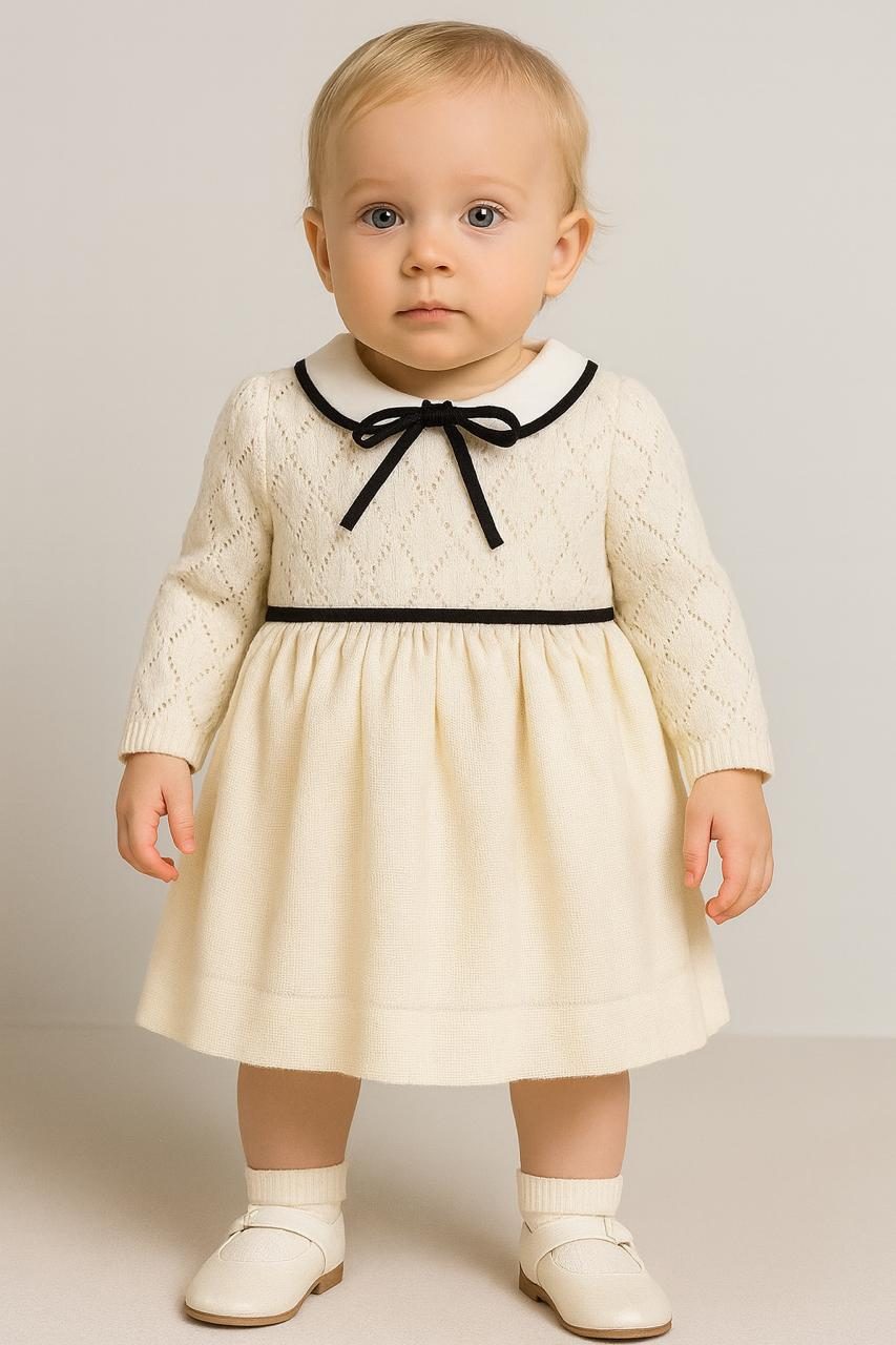 Classic Baby Girl Knitted Frock with Contrast Trim