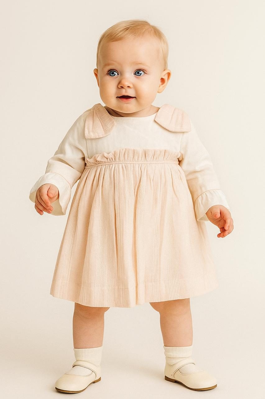 Baby Girl Pastel Peach Pleated Frock with Peter Pan Collar