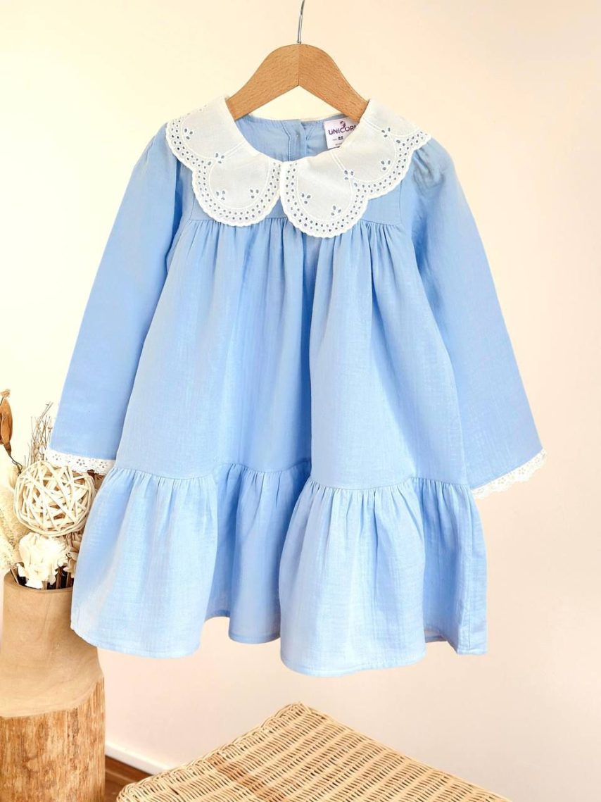 Sky Blue Lace Collar Girls Dress