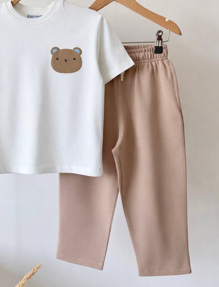 Boys Cute Bear Patch T-Shirt & Beige Shorts Set