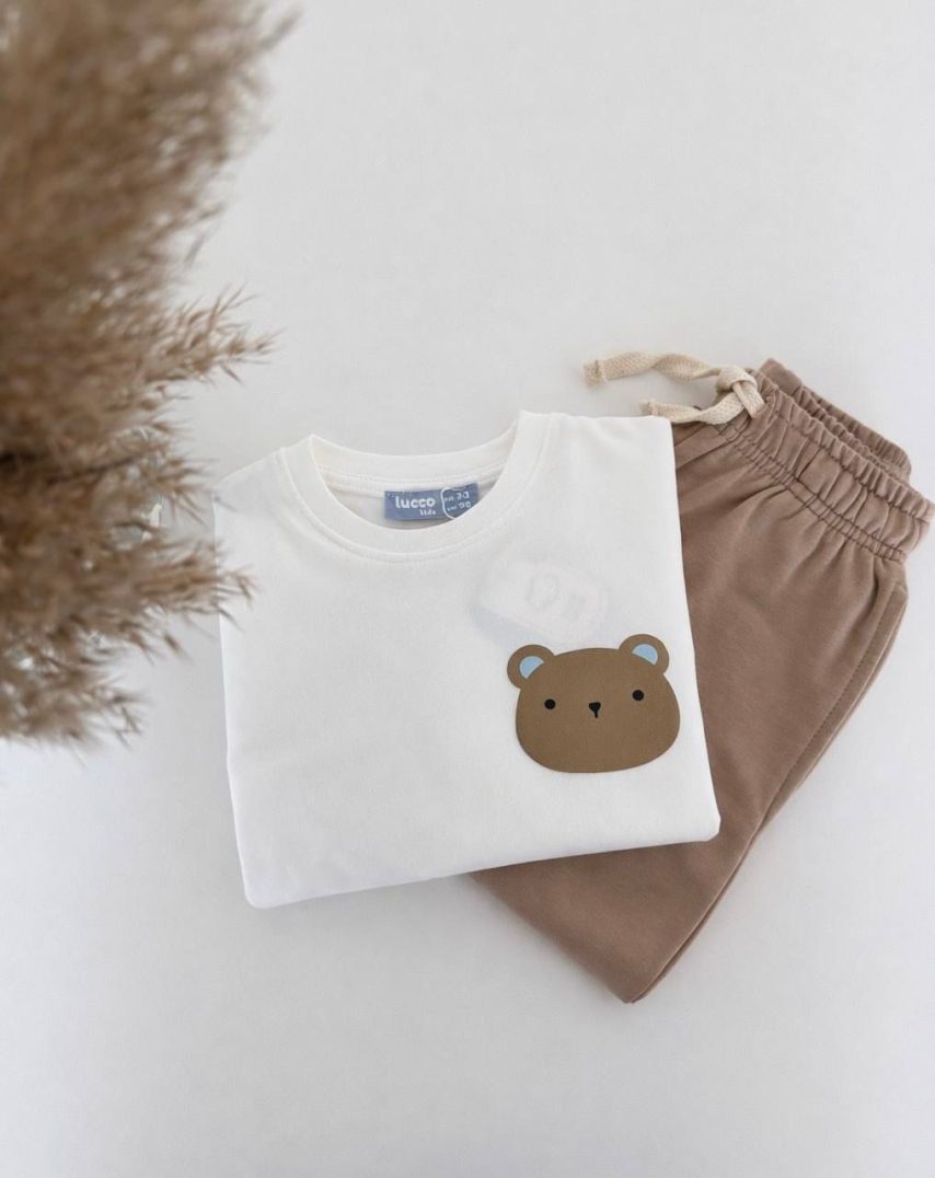 Boys Cute Bear Patch T-Shirt & Beige Shorts Set
