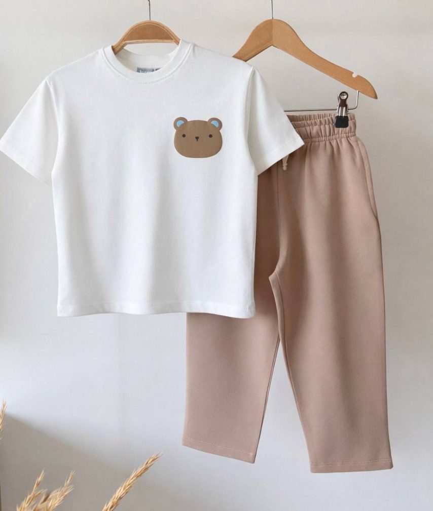 Boys Cute Bear Patch T-Shirt & Beige Shorts Set