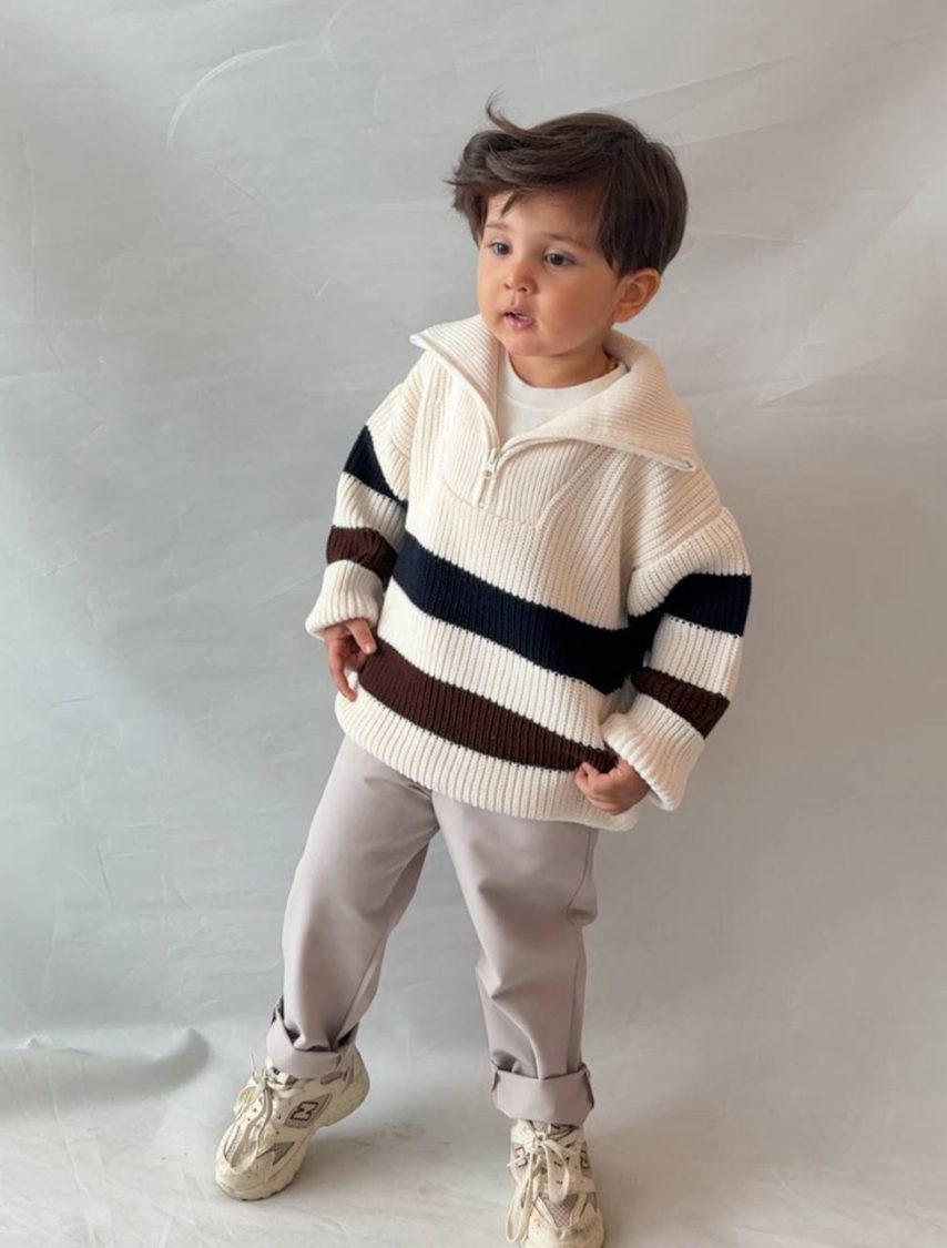 Boys Striped Knit Sweater with Casual Pants Outfit Set