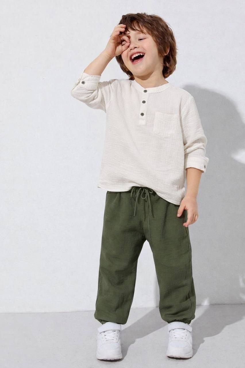 Little Explorer Beige Top with Olive Jogger Pants