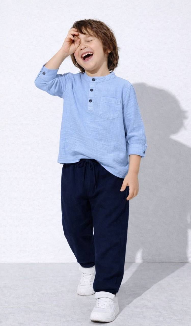 Little Breeze Sky Blue Top with Navy Jogger Pants