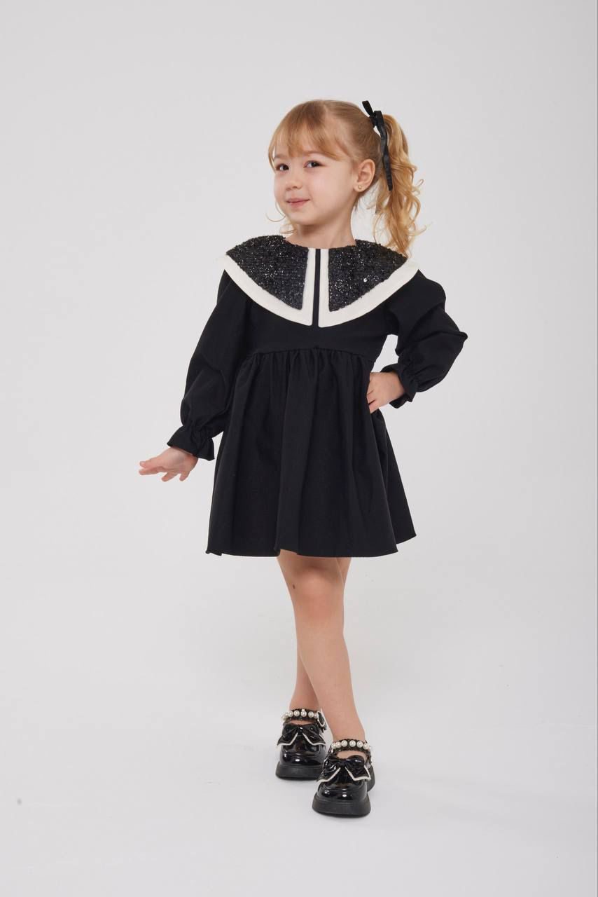Girls' Black Sequin Collar Party Frock