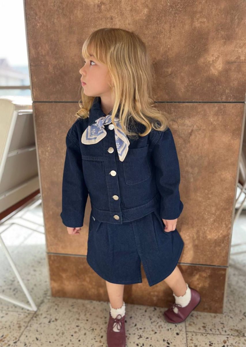 Classic Denim Dress Set with Button-Front Jacket & Bow Scarf