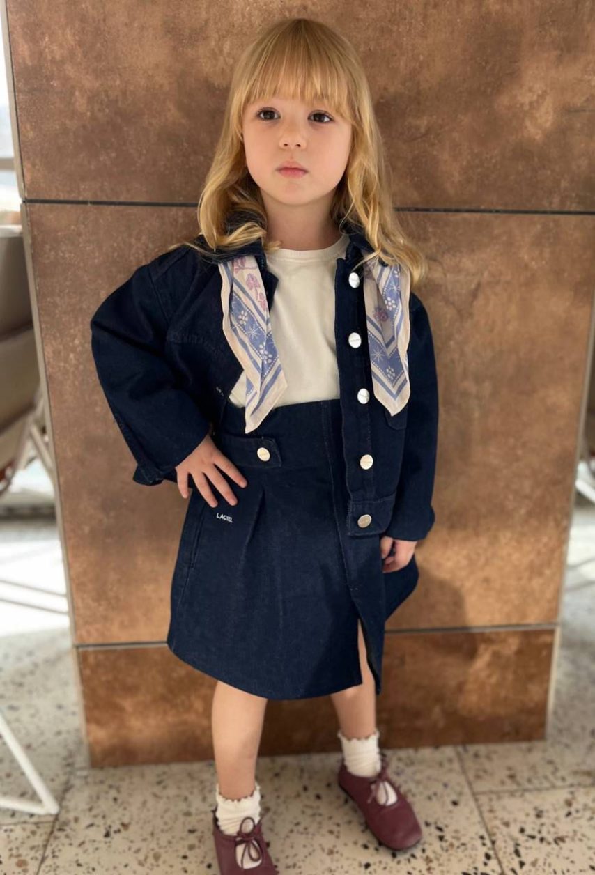 Classic Denim Dress Set with Button-Front Jacket & Bow Scarf