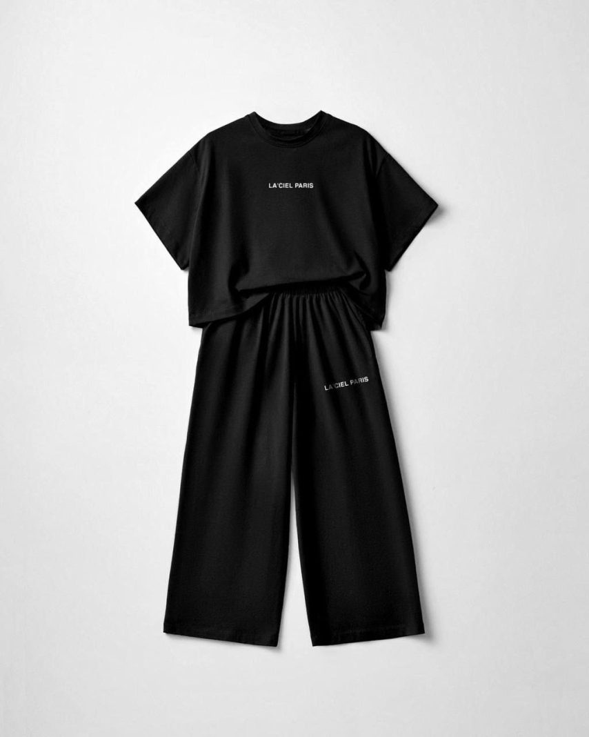 Minimalist Black Co-Ord Set with Relaxed Tee & Wide-Leg Pants
