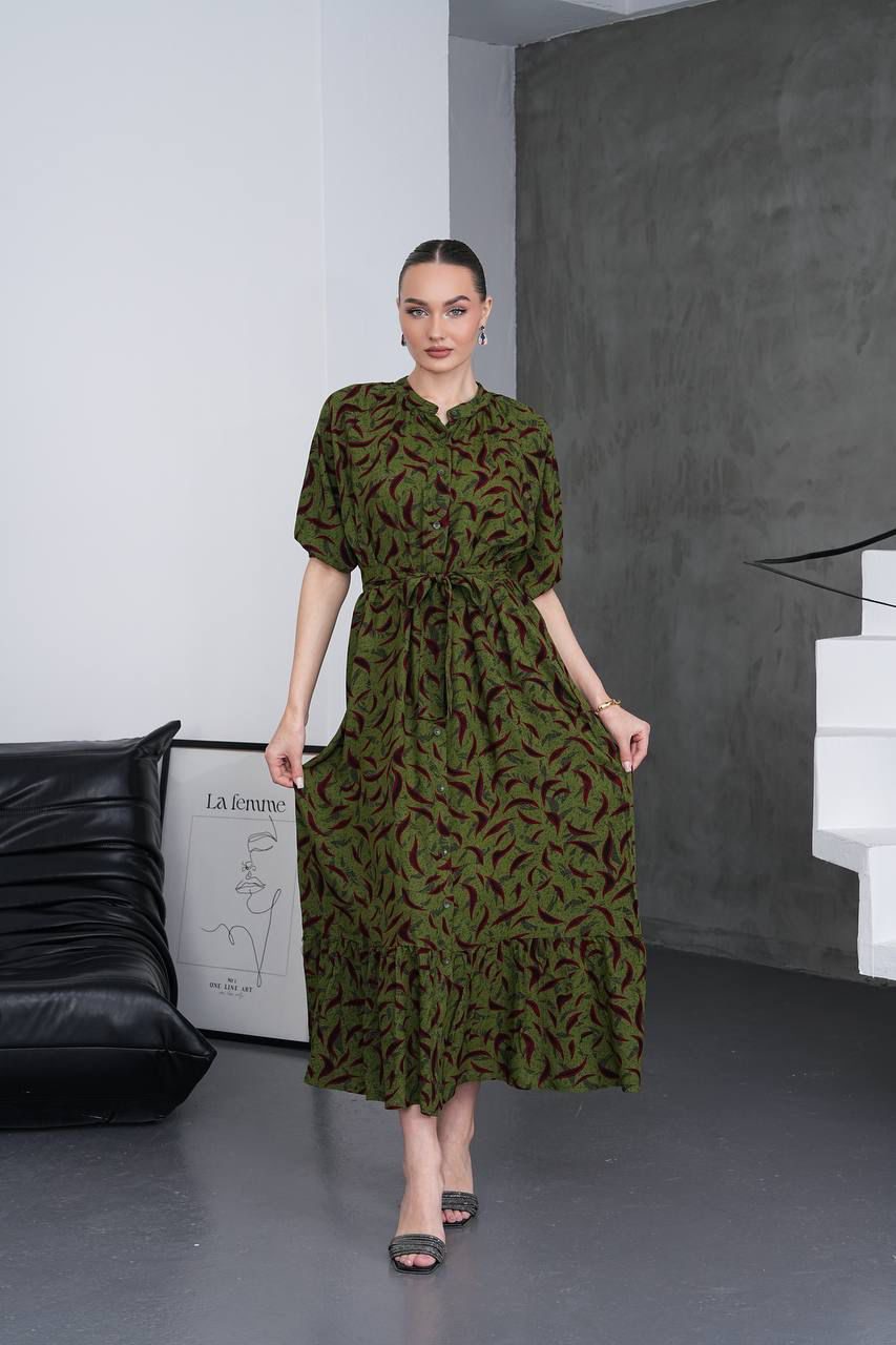 Olive Bloom Belted Midi Dress