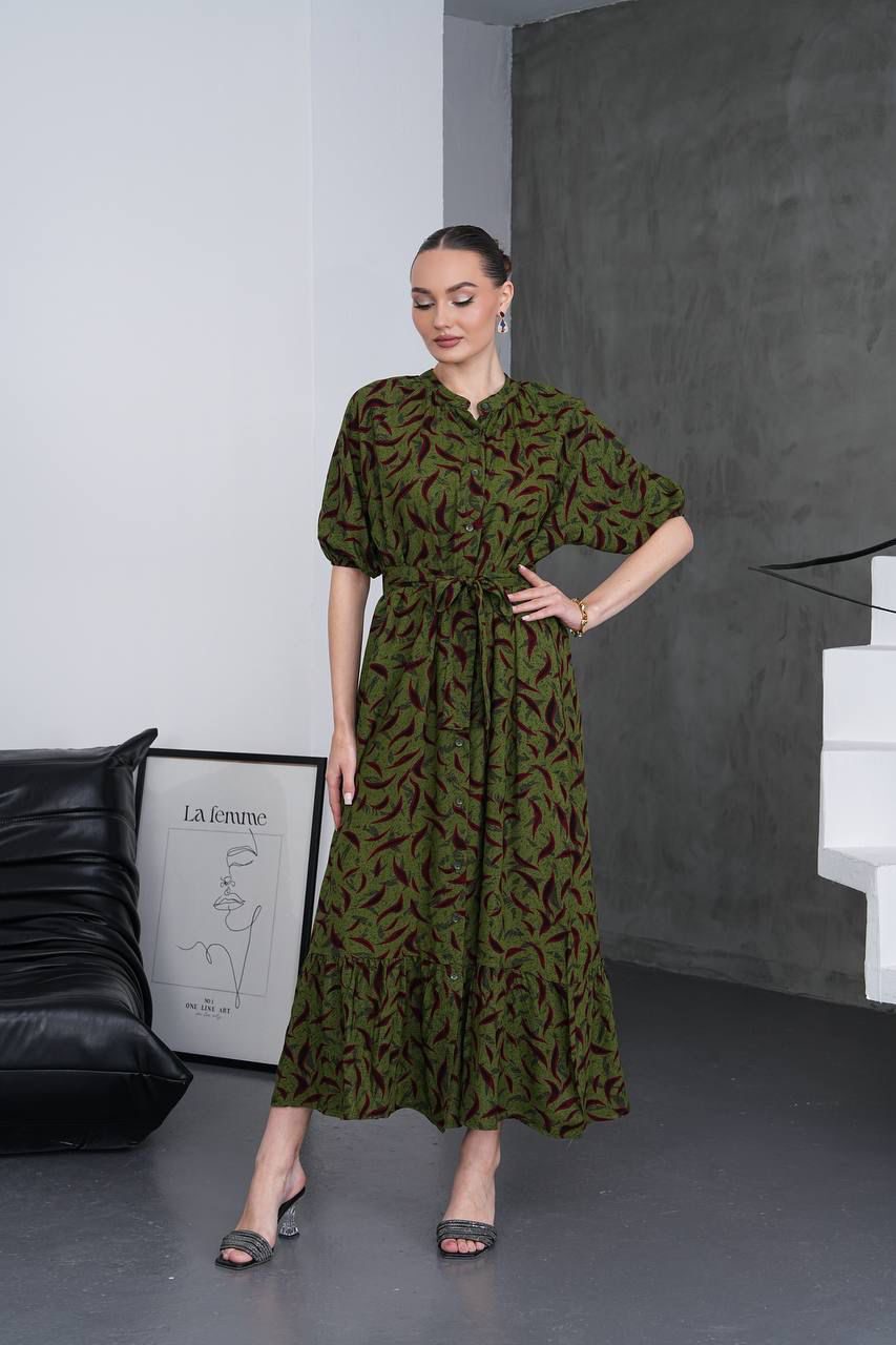 Olive Bloom Belted Midi Dress