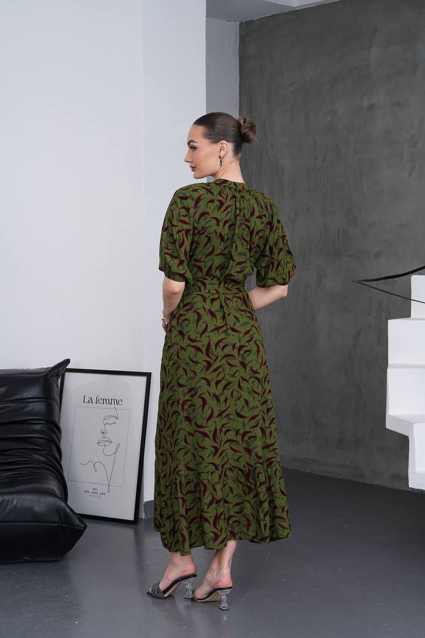 Olive Bloom Belted Midi Dress