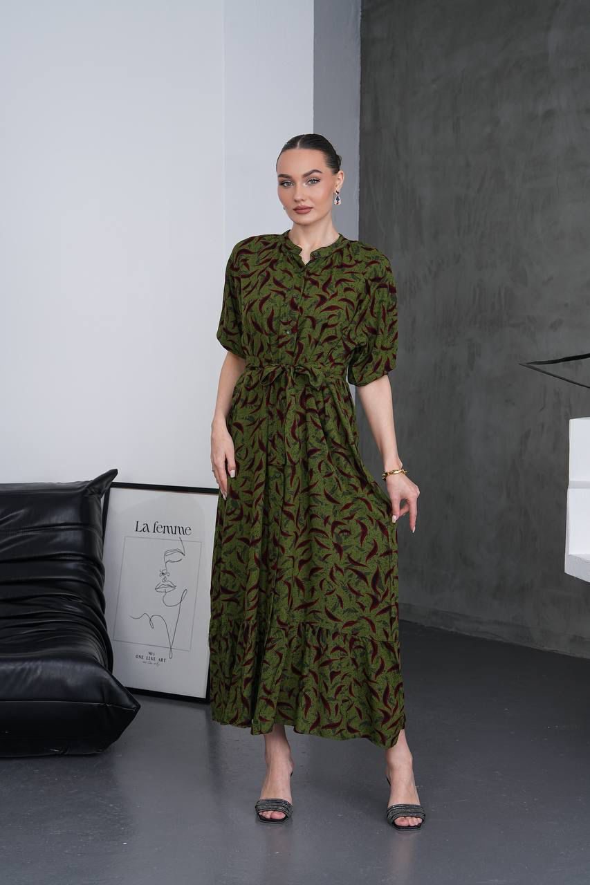 Olive Bloom Belted Midi Dress