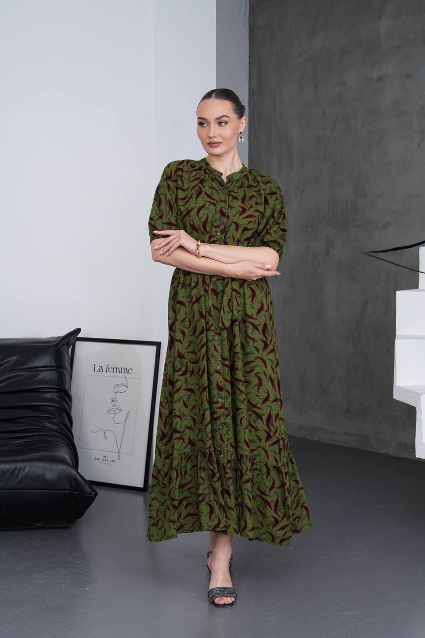Olive Bloom Belted Midi Dress