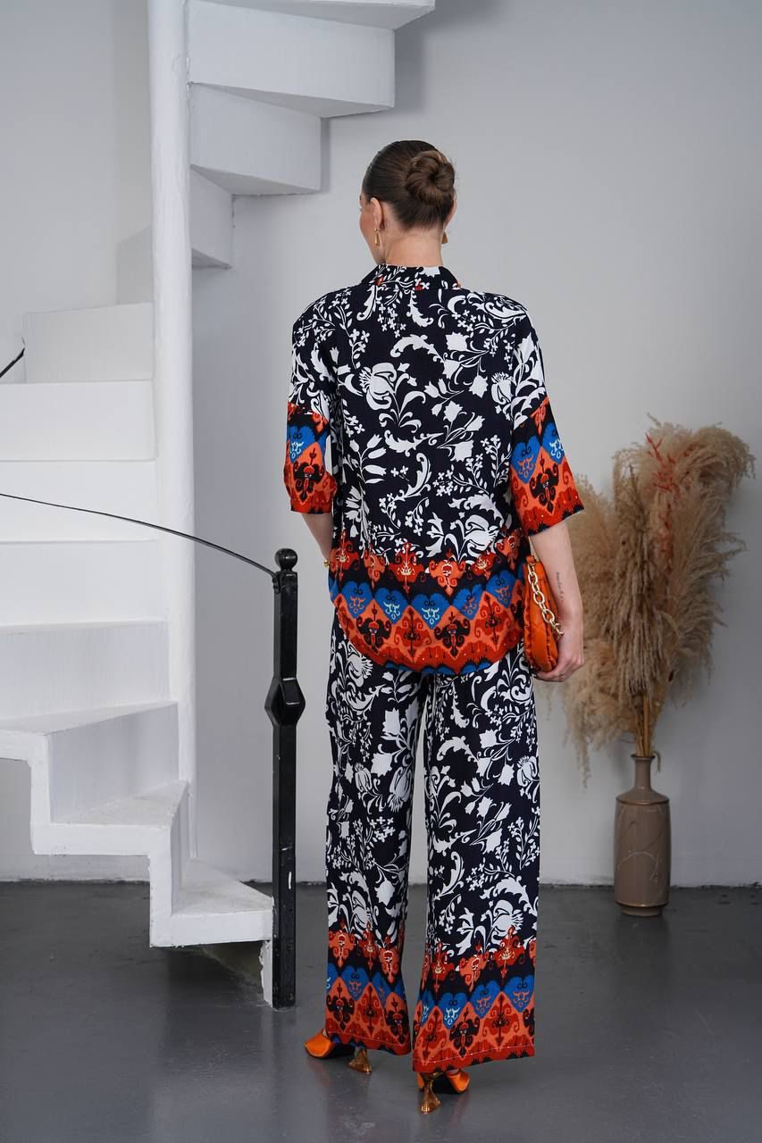 Midnight Bloom Printed Co-Ord Set with Wide-Leg Pants