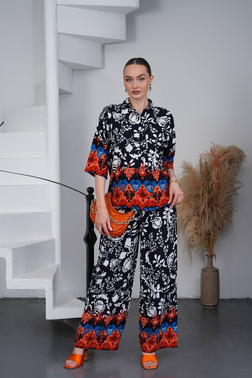 Midnight Bloom Printed Co-Ord Set with Wide-Leg Pants