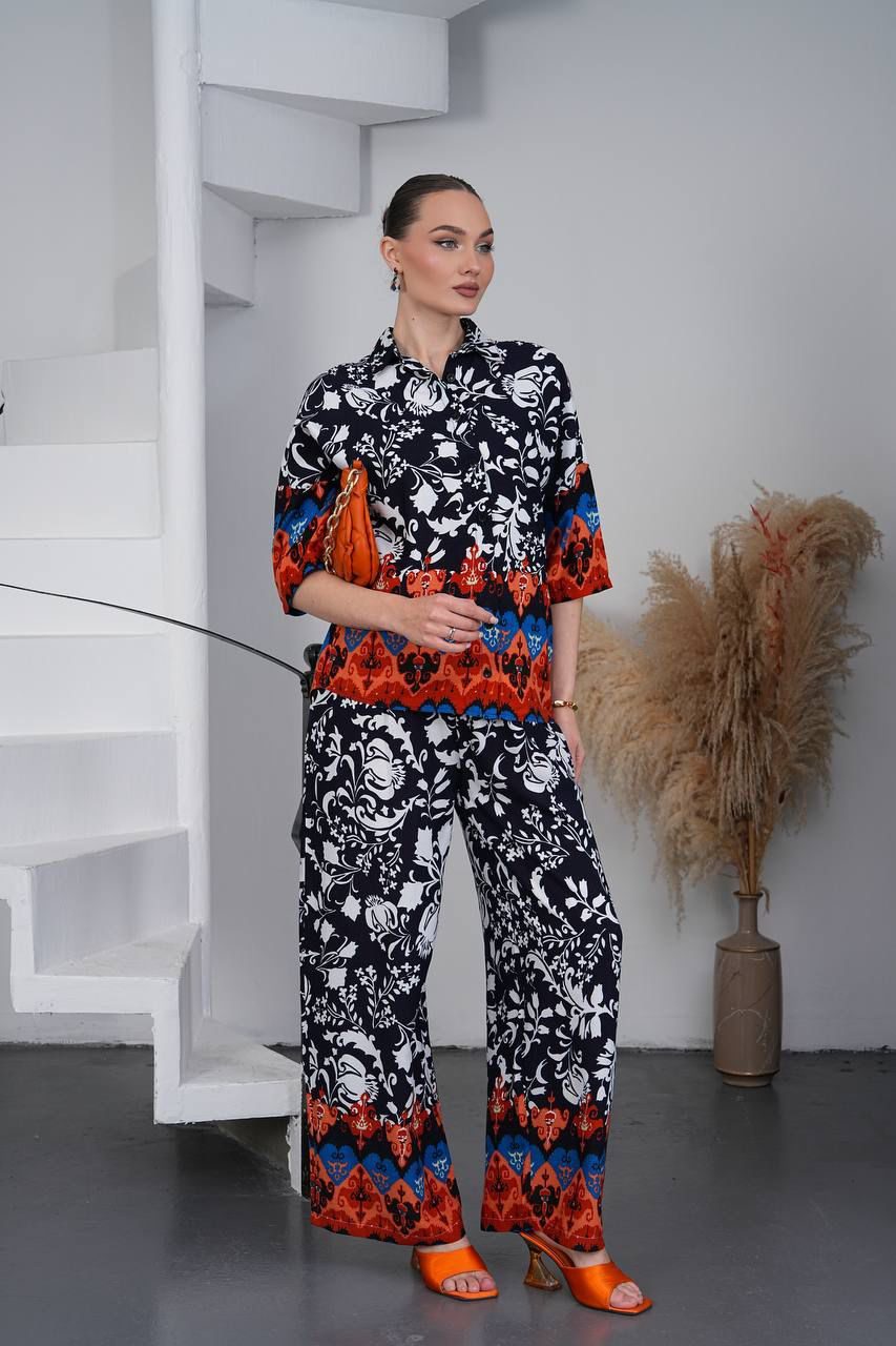 Midnight Bloom Printed Co-Ord Set with Wide-Leg Pants