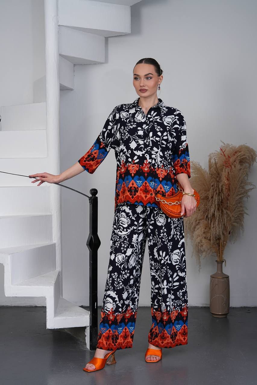 Midnight Bloom Printed Co-Ord Set with Wide-Leg Pants