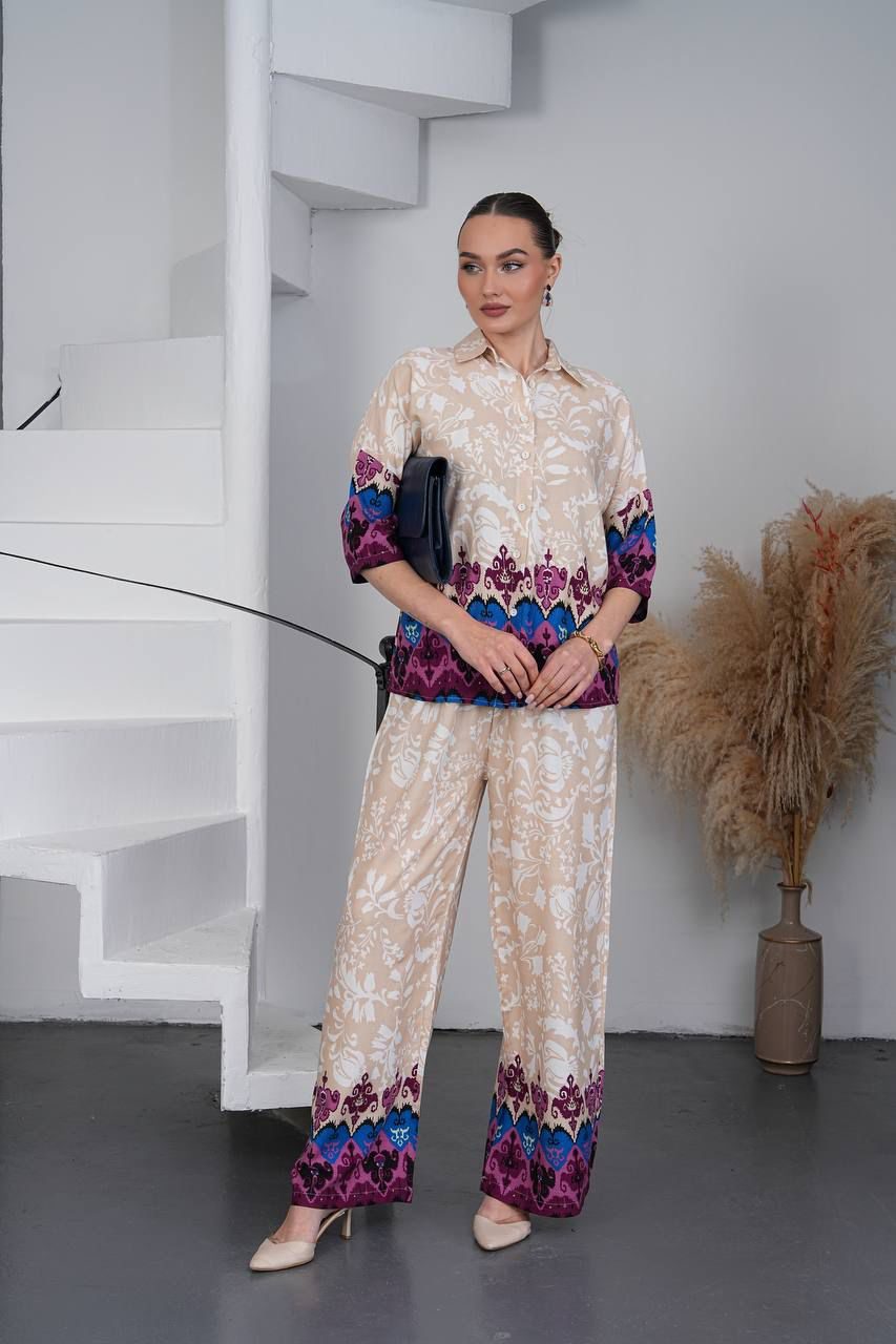 Ivory Garden Printed Co-Ord Set with Contrast Border Detailing