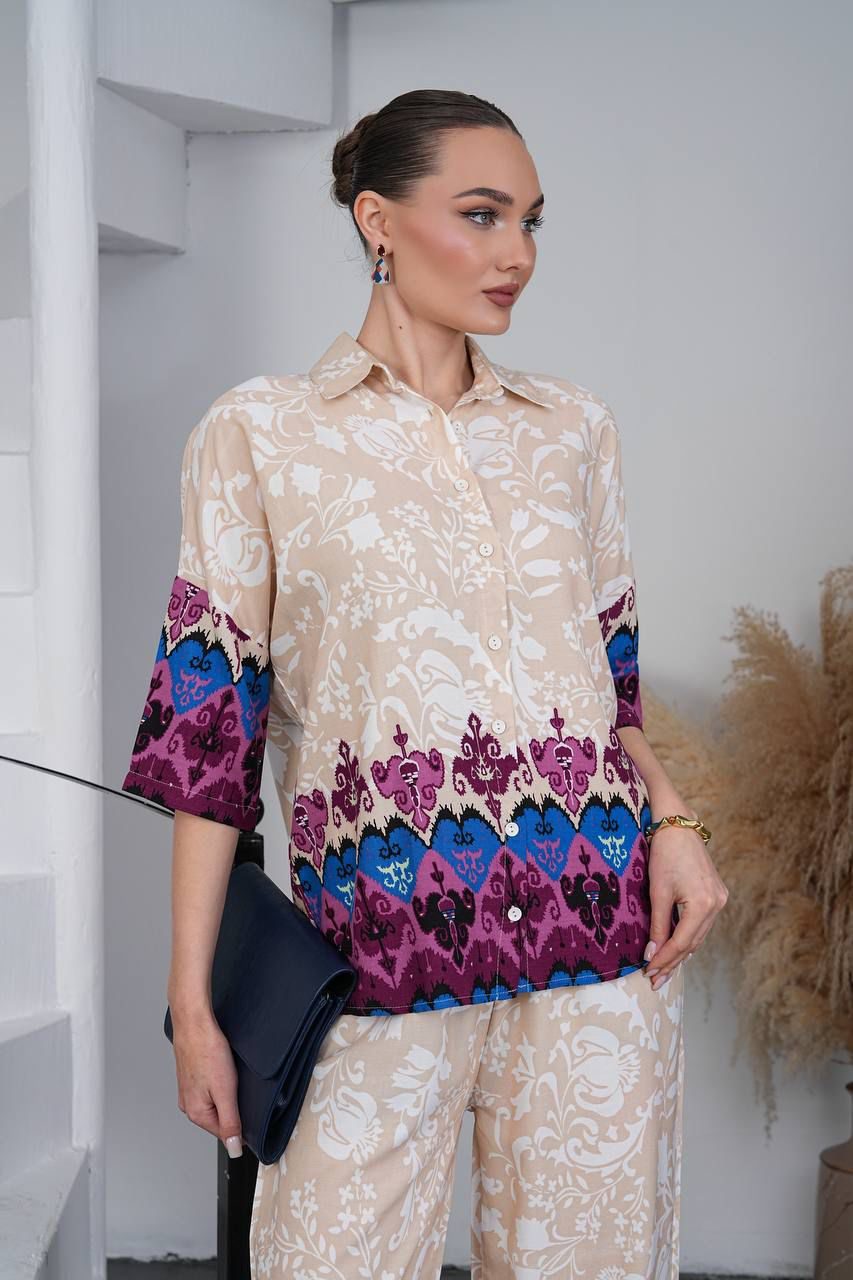 Ivory Garden Printed Co-Ord Set with Contrast Border Detailing