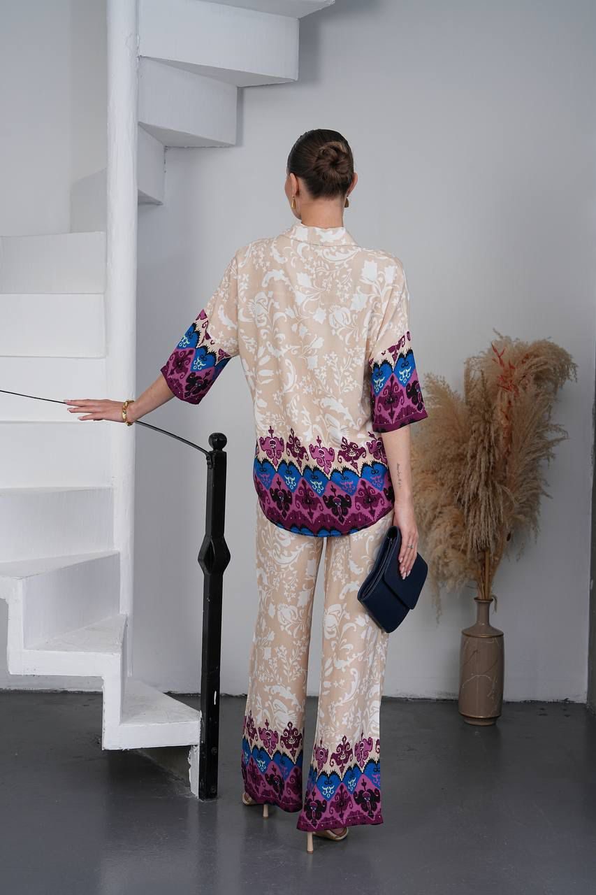 Ivory Garden Printed Co-Ord Set with Contrast Border Detailing
