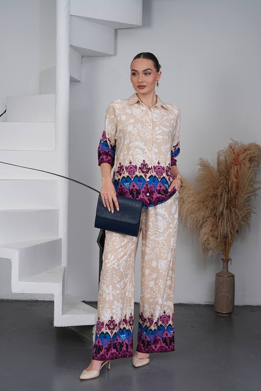 Ivory Garden Printed Co-Ord Set with Contrast Border Detailing