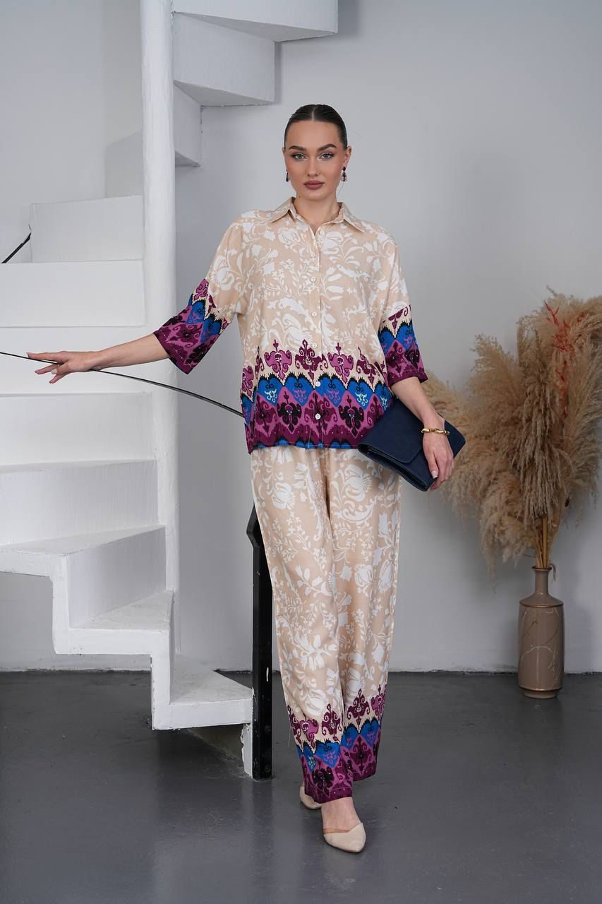 Ivory Garden Printed Co-Ord Set with Contrast Border Detailing