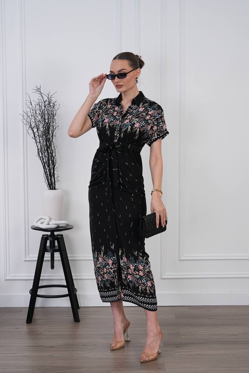 Black Floral Charm Midi Dress