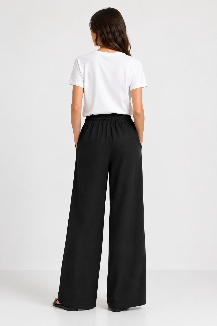 Black Cotton Linen Wide-Leg Trousers