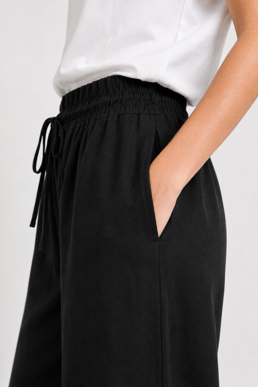 Black Cotton Linen Wide-Leg Trousers