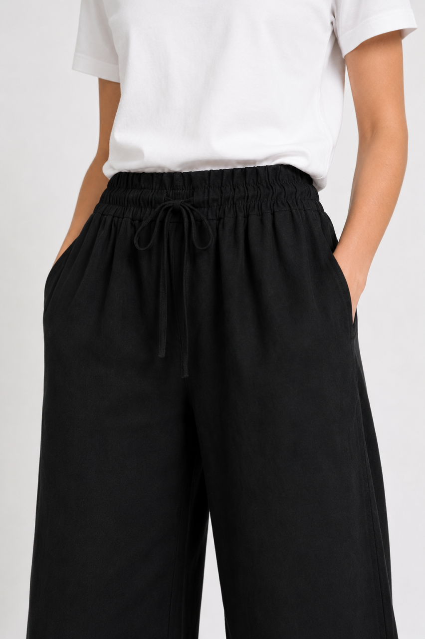 Black Cotton Linen Wide-Leg Trousers