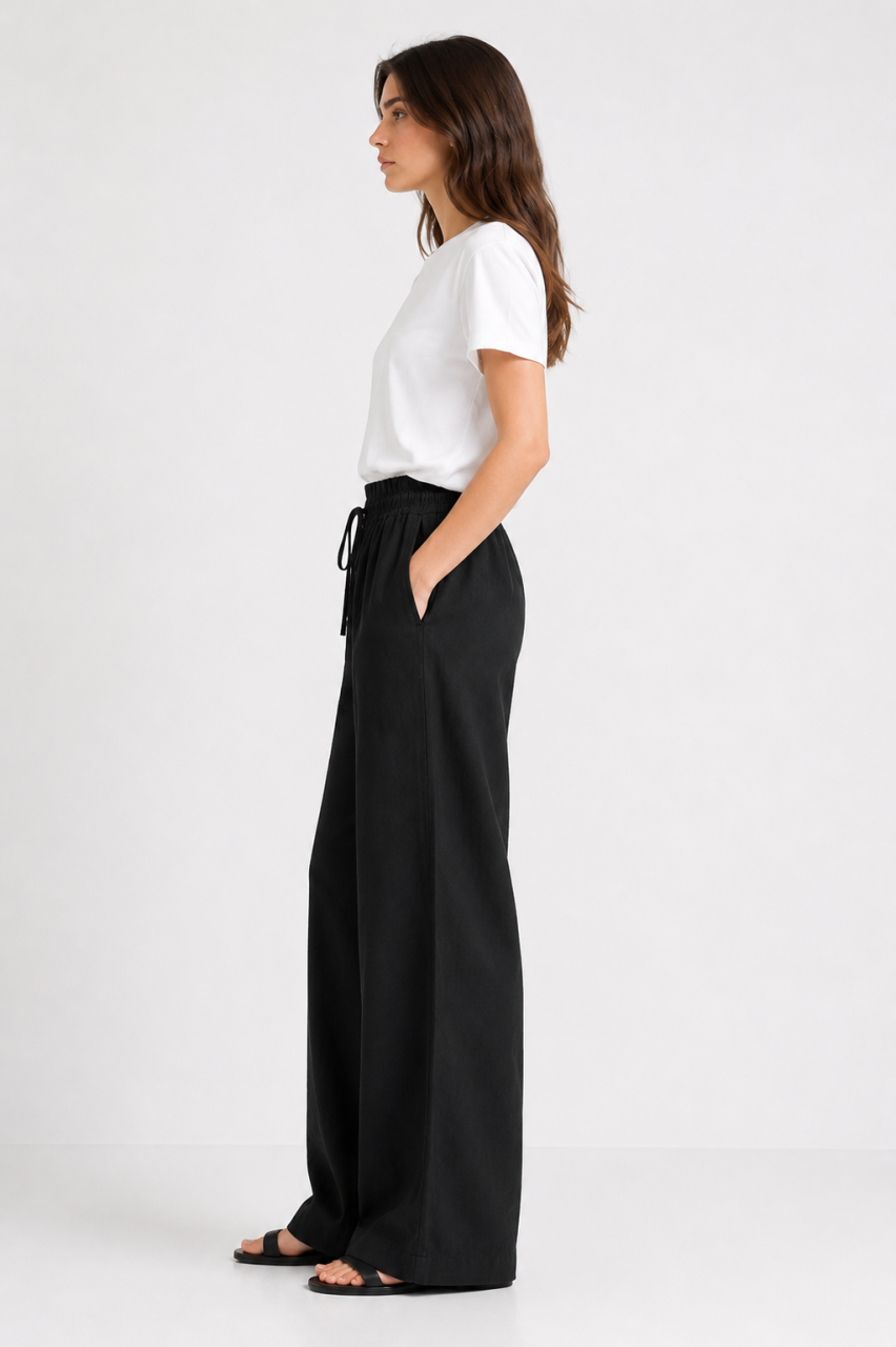 Black Cotton Linen Wide-Leg Trousers