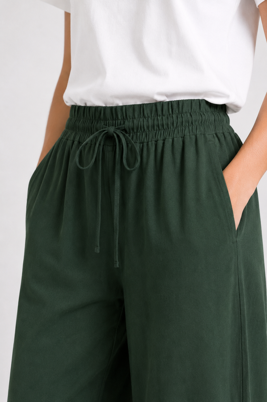 Forest Green Cotton-Linen Wide-Leg Trouser