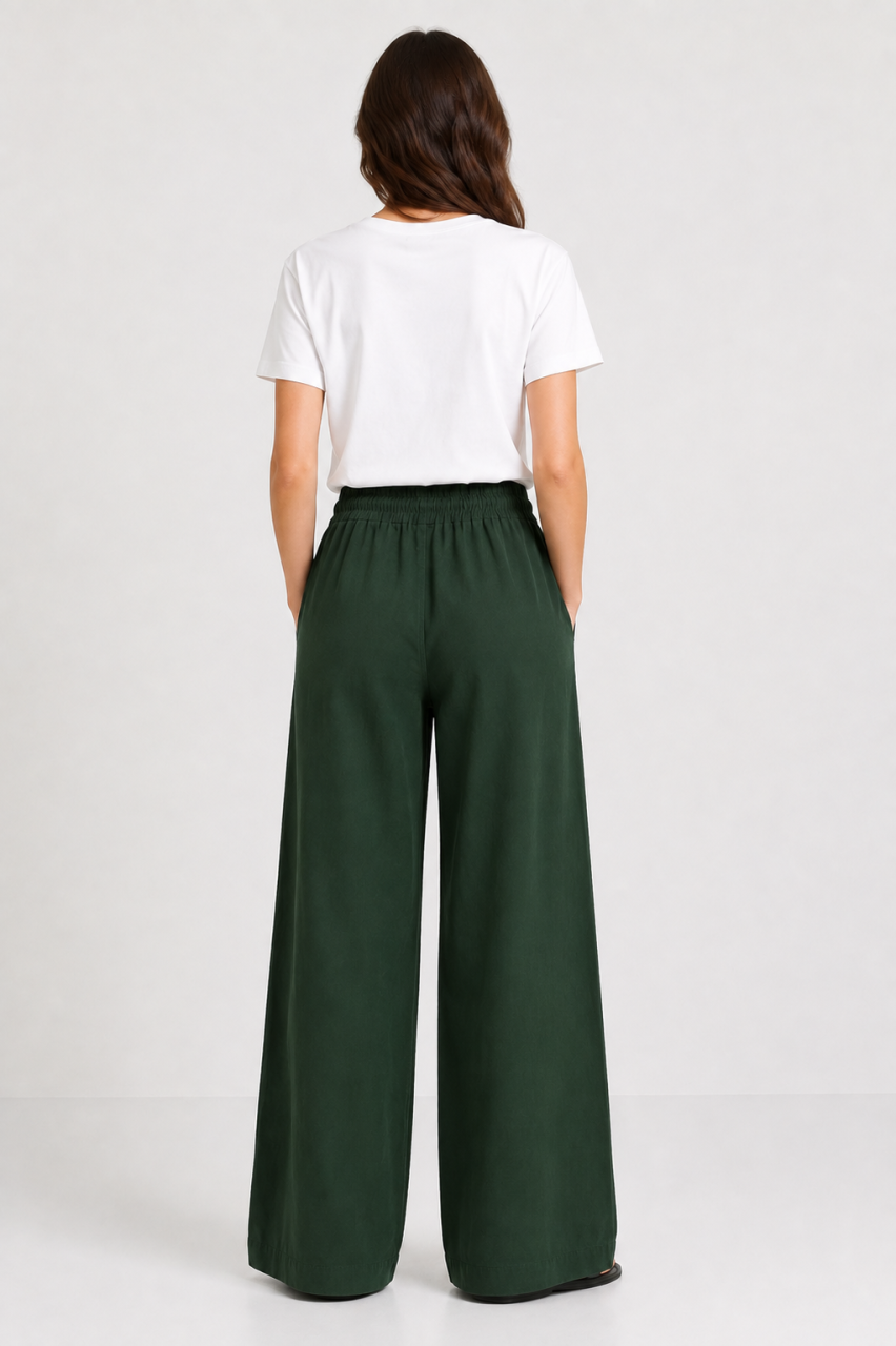 Forest Green Cotton-Linen Wide-Leg Trouser