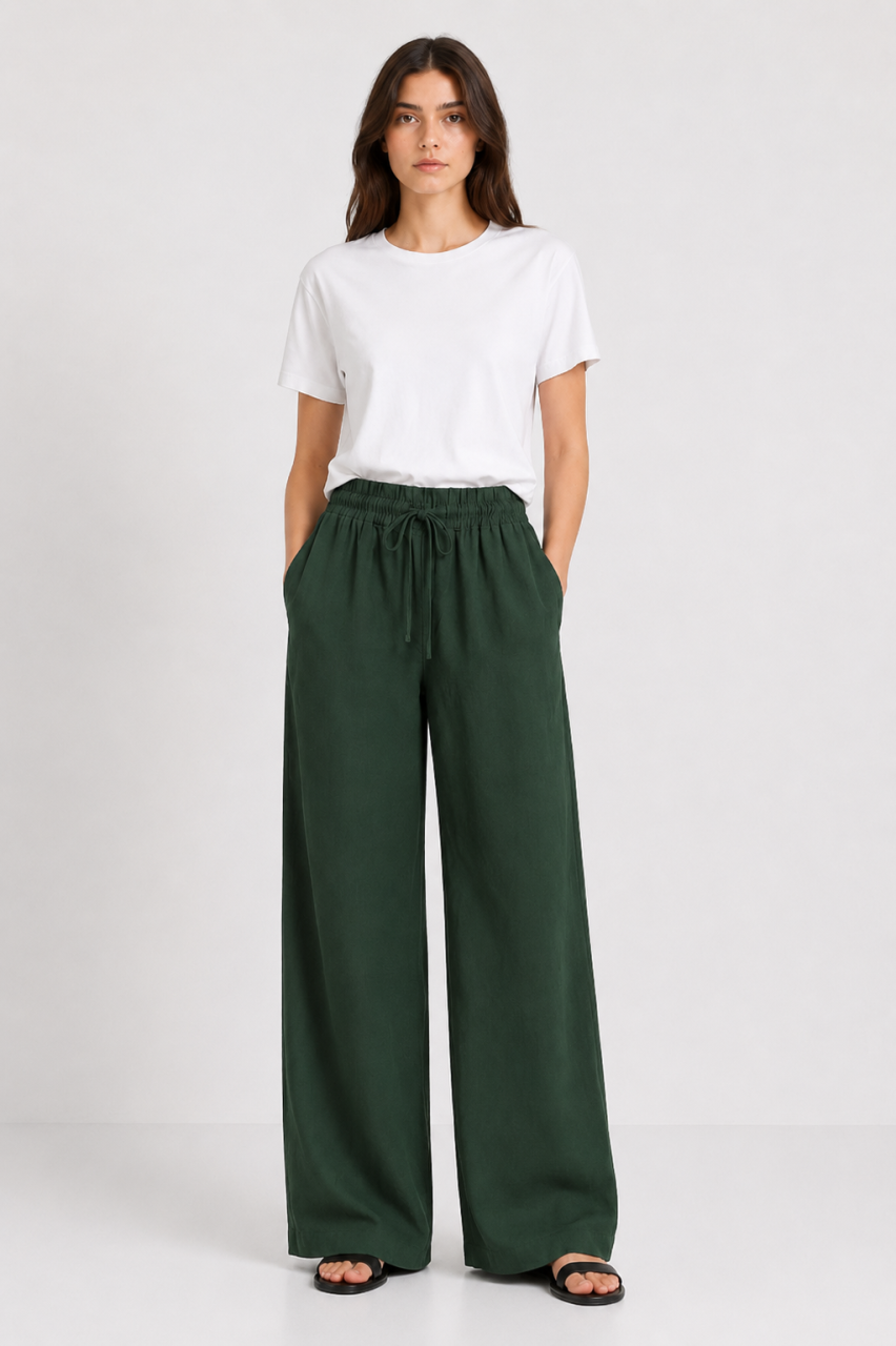 Forest Green Cotton-Linen Wide-Leg Trouser