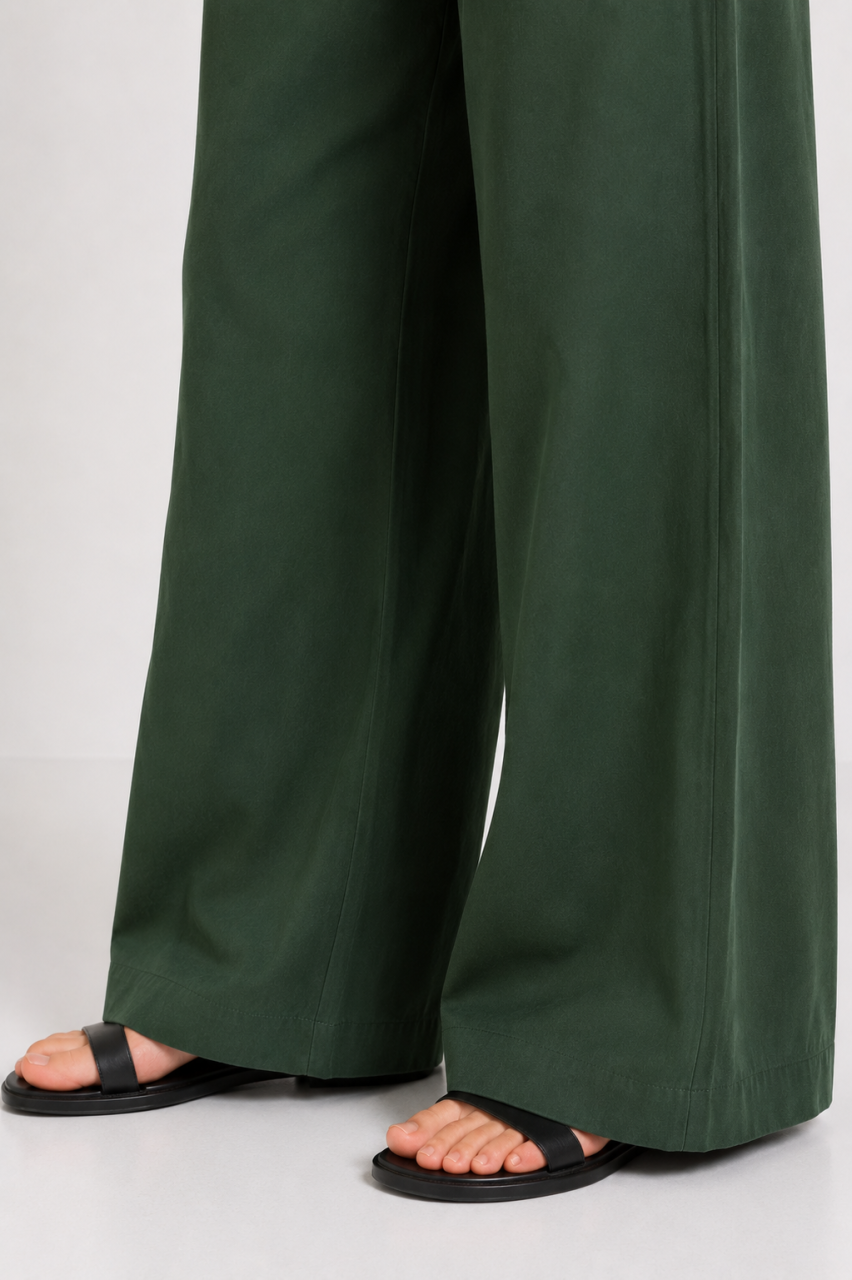 Forest Green Cotton-Linen Wide-Leg Trouser