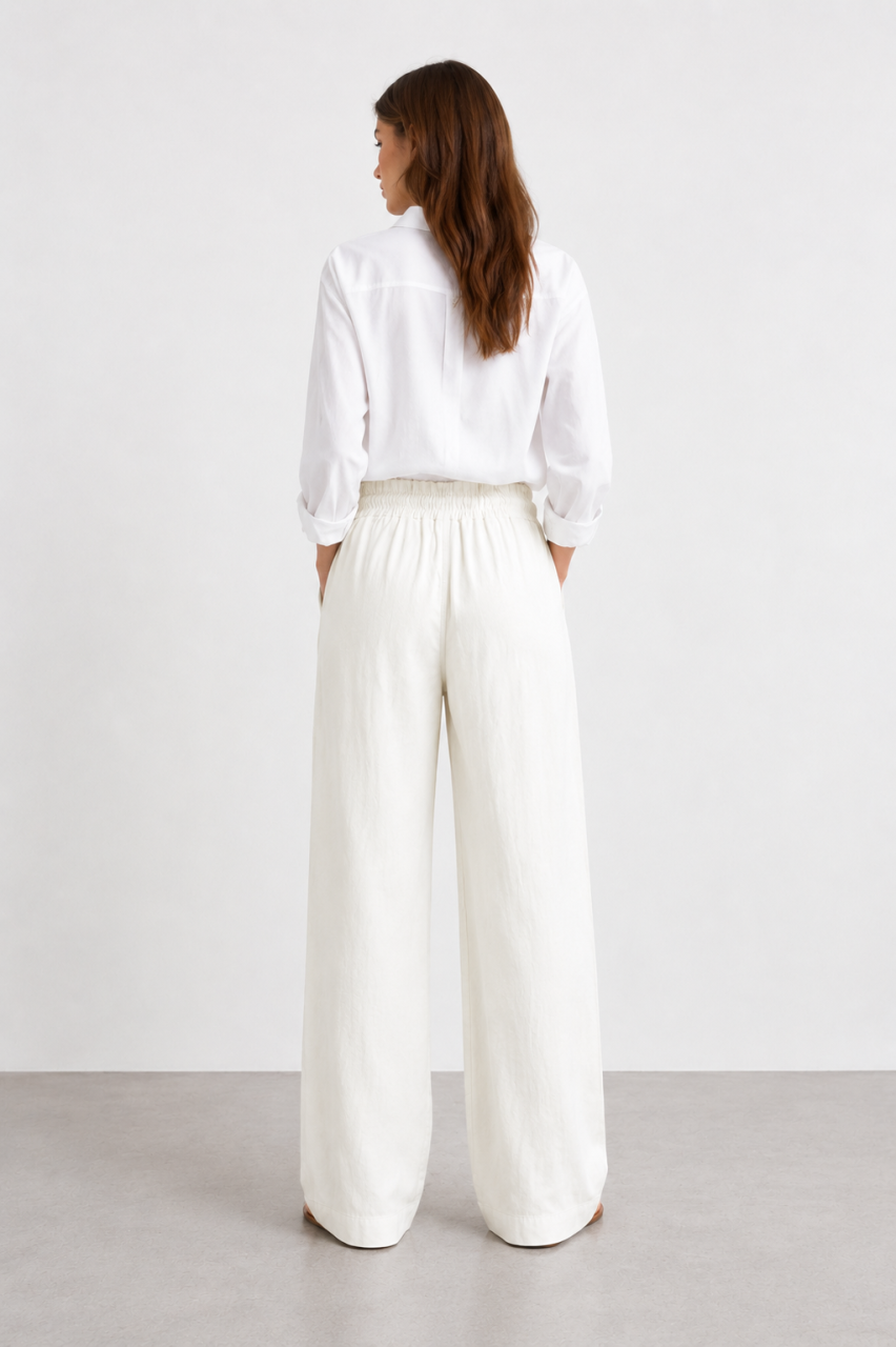 Ivory Cotton-Linen Wide-Leg Trouser